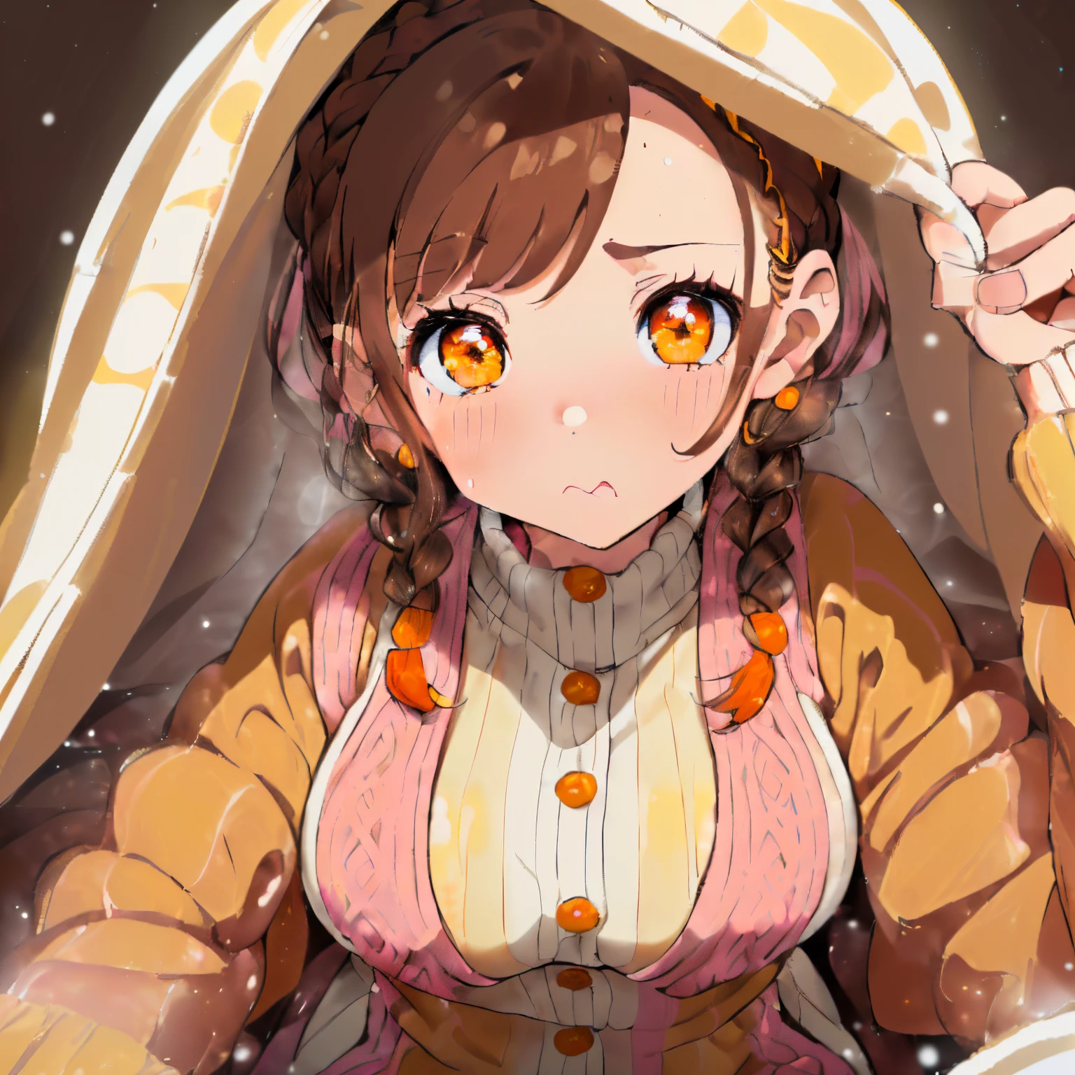 ((Brown hair)),((Braided shorthair)),((Brown eyes)),((Pigtails)),((With bangs)),((cute long sleeve knit cardigan),((Winter clothes)),((Overall white, pink, yellow, and orange)),(colorful tartan dress),((One piece made of sweat material))Slight red tide,(Hiding under the sheets and peeking at me),((Pop, Colorful and cute world view)),Kamimei,((close up of face)),