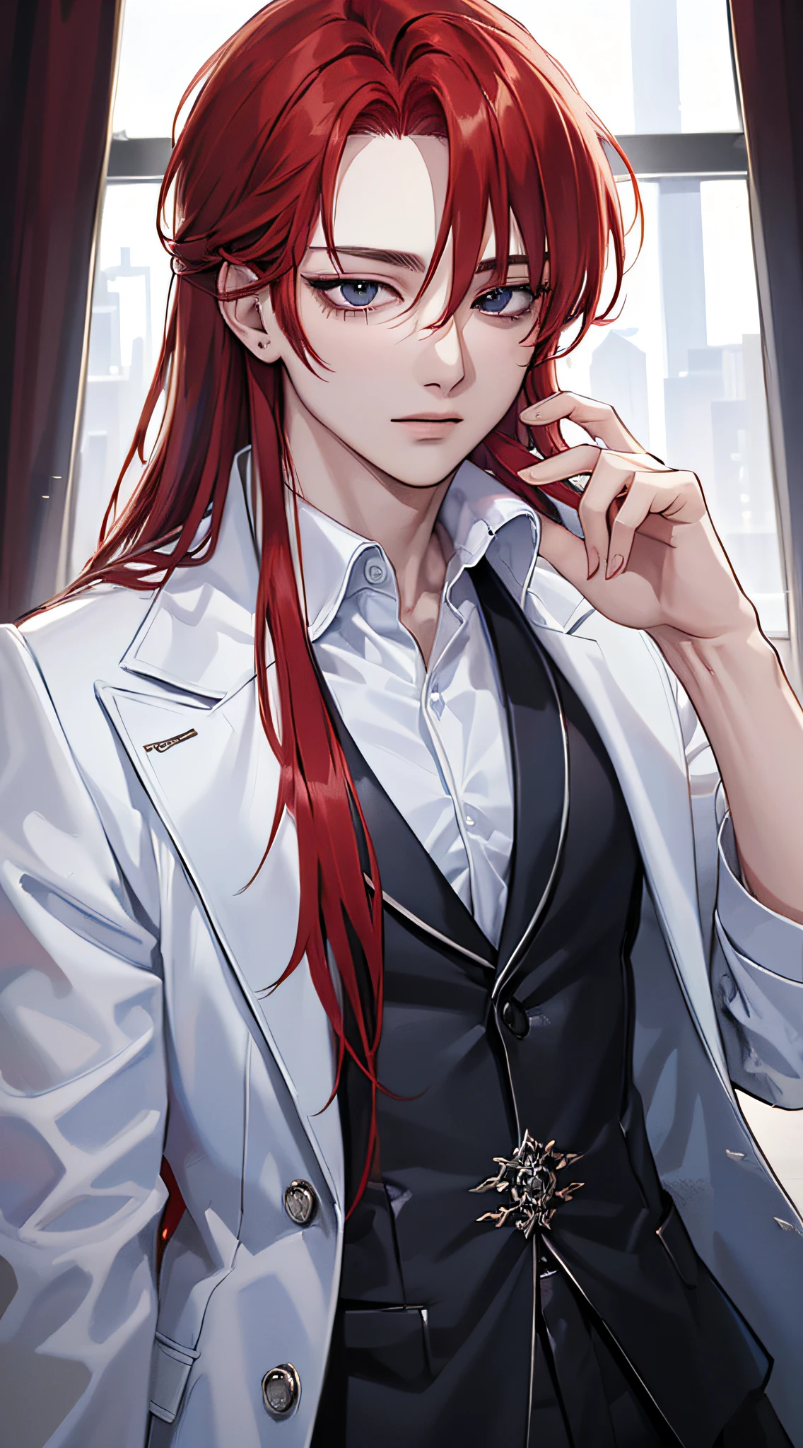 ((tmasterpiece:1.2, Best quality at best)), 4K, 1人, as-, Handsome, Long red hair, Short lateral hair, Raised bangs, forehead, silver stain, white  shirt, extremely detailed eye, Blue gradient, black eyes, breasts, slim waist) , Full body photo, coat large, untied, sporty attire