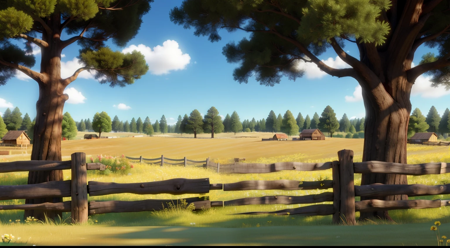 A meadow behind a fence, with a forest in the background.