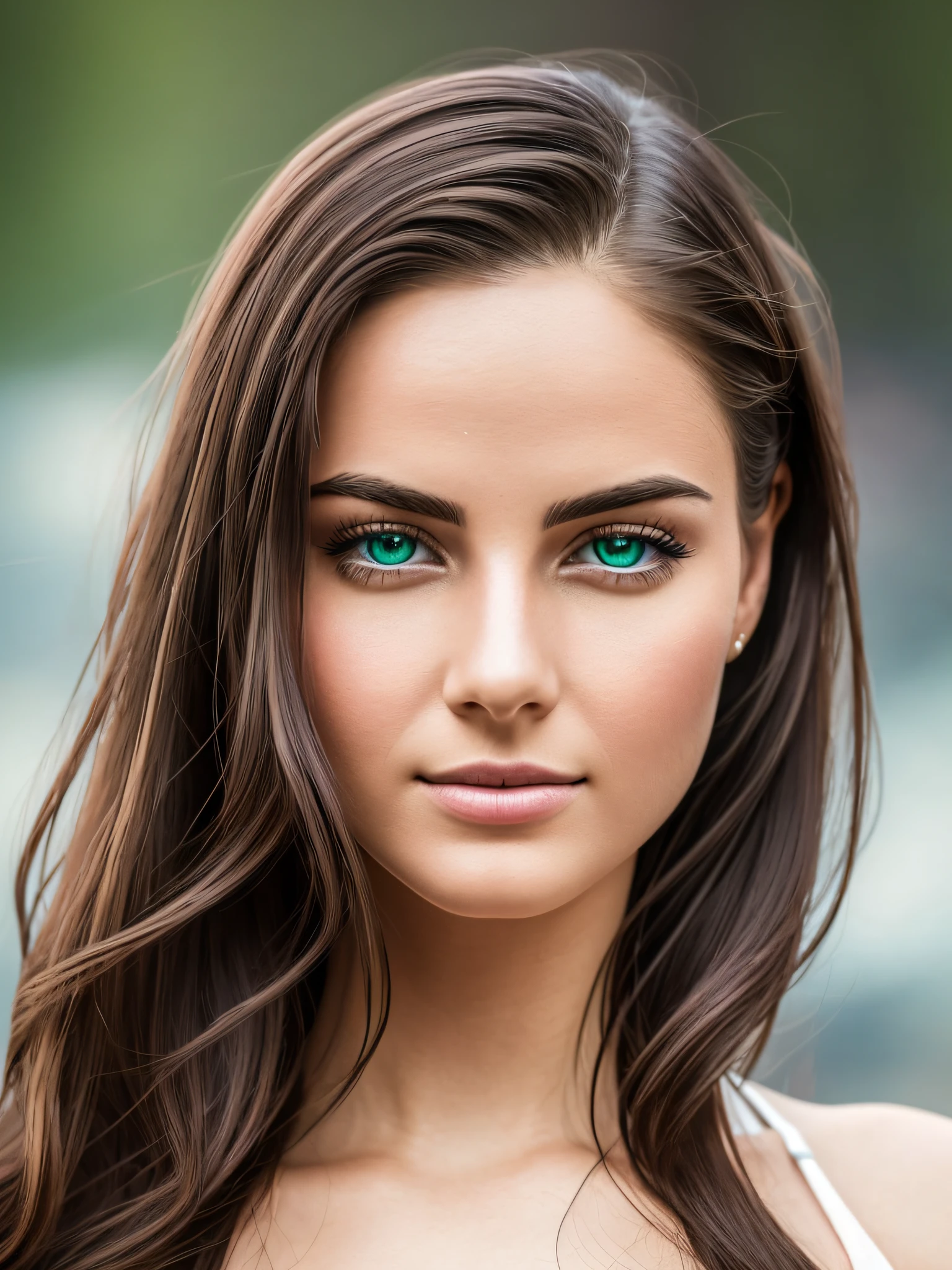 "Capture a full-face portrait photo of a 25-year-old European woman. The image should be in RAW format, showcasing her beauty with half-open strawberry lips, dimples, and a longing gaze. Highlight her green eyes with large pupils and thick eyelashes, framed by very long wavy brown hair. The face should be detailed, revealing finely detailed skin and a pale complexion.
The woman should be wearing a high-tech cyberpunk dress with detailed deep cleavage, set against a cyberpunk megacity environment. Utilize cold colors, and create a damp, moist atmosphere with reflections. Ensure perfect proportions, realistic details, and the best quality in the photograph. Capture the image on a Canon EOS R5 with a 50mm lens at F/2.8, using HDR techniques for an 8k resolution. This photo should serve as a wallpaper with cinematic and dramatic lighting, sharp focus, and intricate detailing, resulting in a visual masterpiece."