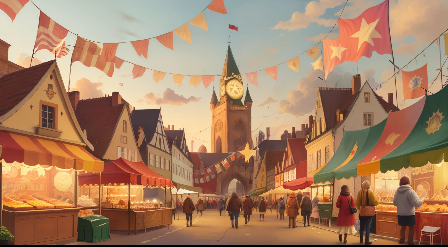 A large fair with stalls, vendors, street performers, and artistic illuminations.
At the top, there's a large flag with the inscription: BREMEN.