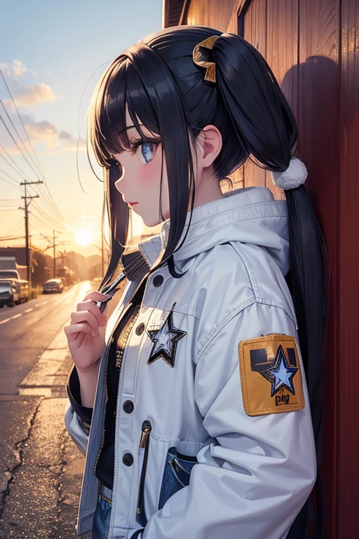 Winter, twintails, beautiful eyes, colorful lips, souvenir jacket, jeans, masterpiece, highest quality, one girl, solo, sunrise, road, telephone pole, from the side, sukajan, (cowboy shot:1.5),