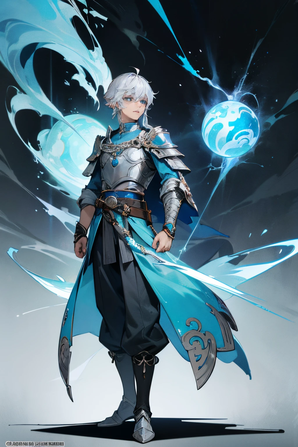 white color hair，eBlue eyes，Dressed in blue, Gray-black pants，Official character art, ( ( concept art of character ) ), 《the original god》Keqing in, full body concept art, Genshin impact's character, botw style, casimir art, full body character concept art, detailed full body concept art, JRPG character art, human male character art，The clothing has bronzing patterns and  shaped like thunder and lightning，The wristband  inlaid with gemstones and has silver-blue patterns.，Belt set with gems，There are hanging ornaments on the legs，The pants have a broken feeling that they have experienced battle.，Noble temperament，The shoulder armor  silver blue with lightning patterns.，Wearing a lightning-shaped necklace，Standing posture