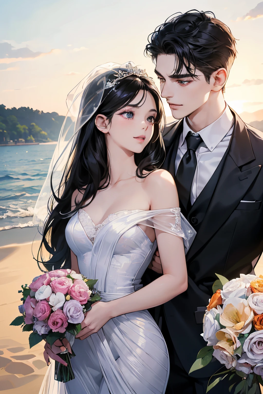 (masutepiece, Digital Art, Digital Illustration, 4K, 8K, Ultra-detailed, beautiful image, Sharp Image, Photorealistic, Raw photo, Perfect face, Perfect lines, Perfect eyes, Soft lighting) ,1 woman, (Long Black Hair,straight haired,Bullish gaze,Beautie,ellegance,Solid makeup,23 y-o woman,small tits:1.3),Two handsome men in suits, (ember,well-muscled,Firm shoulder width, Man's,Boyish hairstyle,English gentlemanly style,Man in his 30s with a cool expression,28-year-old man with bright smile:1.2),Show white teeth and smile(embarrassed from,Shy smile:1.1),shores,Beach,beach wedding、innocent smiles,Laugh、couple kissing、kiss、the kiss、Romance、Mermaid Line Wedding Dresses、Wedding、bouquet of beiragnolia
