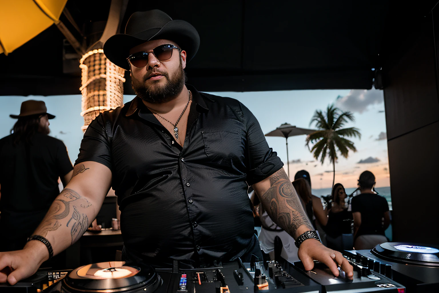 Ein Mann der als DJ in Miami auflegt, Slightly overweight, wears a short, full beard, riesen Crowd im Hintergrund, Sonnenuntergang, cooles Outfit, casual shirt, schwarzer wide brim Fedora Hut