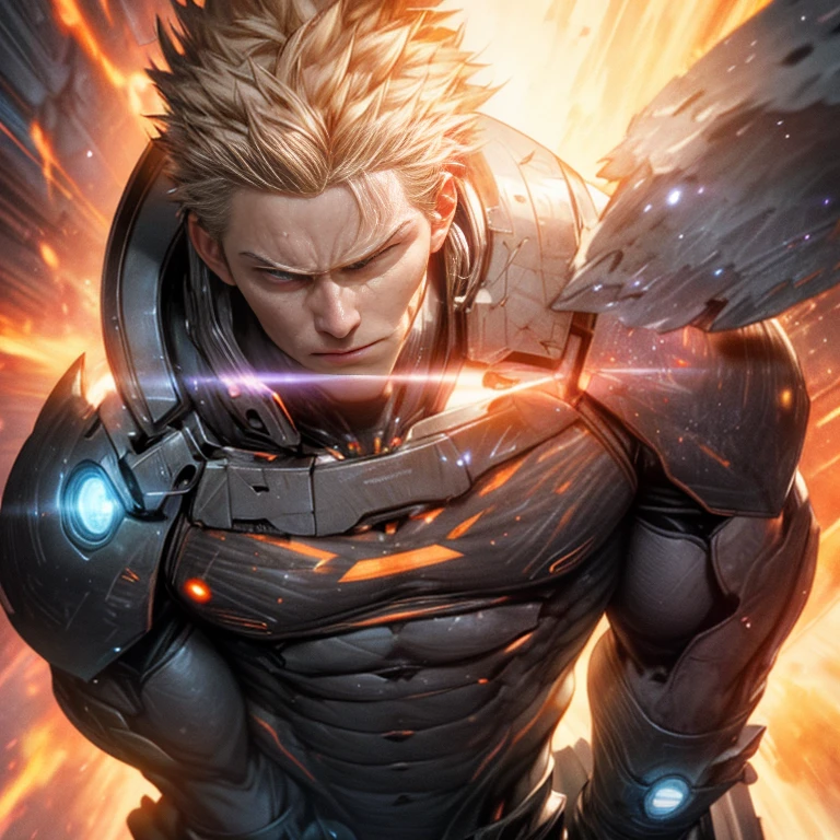 (best quality,ultra-detailed),(realistic,photo-realistic:1.37),portrait,glass sculpture,sci-fi, vivid colors, golden light, intense gaze, dynamic pose, powerful aura, futuristic setting, reflective surface, intricate details, surreal atmosphere, vibrant background, swirling galaxies, energetic, explosive strength, crackling sparks, intense emotions, 3D rendering, sharp focus, dramatic lighting, cool tones, fiery personality, superhero-like appearance, extraordinary abilities, muscular physique, hero in an alternate dimension.