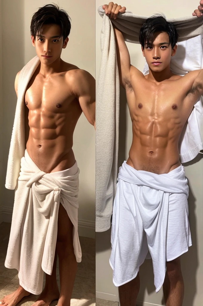 Slim macho boy after taking a bath, ars, Healthily tanned, Wearing a towel around your waist