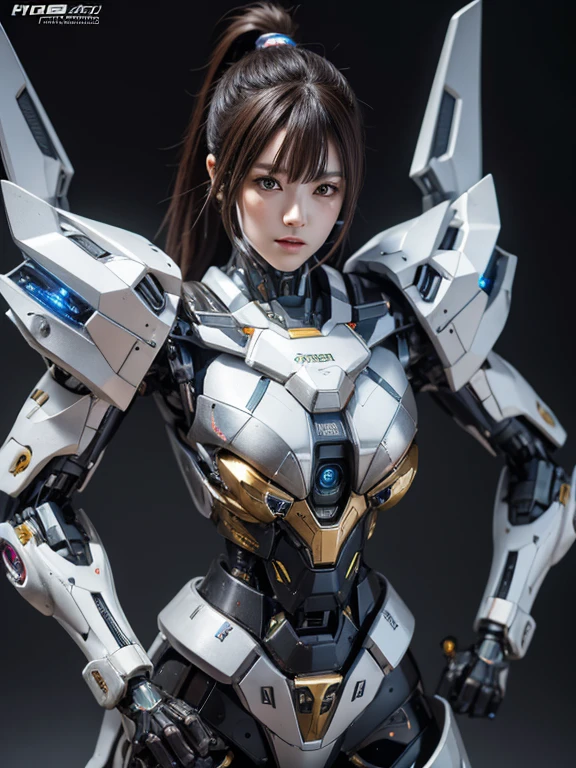 Textured skin, Super Detail, high details, High quality, Best Quality, hight resolution, 1080p, hard disk, Beautiful,beautiful cyborg woman,Mecha Cyborg Girl,Battle Mode,Girl with a Mecha Body,She wears a battle cyborg mech with a weapon,Cyborg Warrior