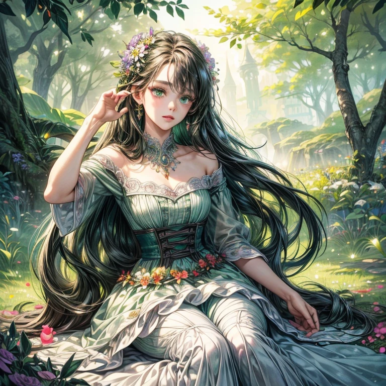 (masterpiece,High quality,Top quality,super detail, best quality ,),1 woman,beautiful face,skin details,Beautiful green eyes,sleepy eyes,The hair is a vine,long hair,Dress with many flowers,Fantasy,2D,The background is a flower garden.