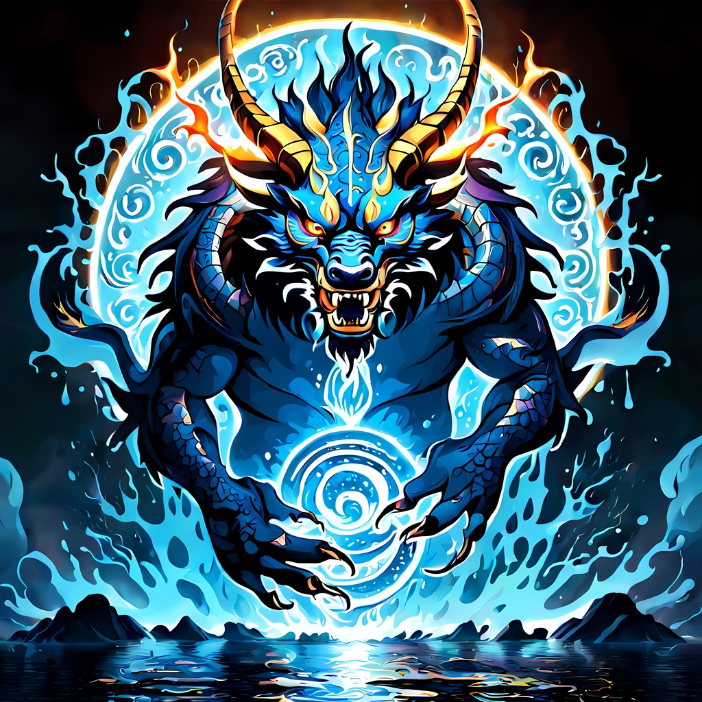 (((black light poster art))), ((mesmerizing glowing ancient runes)), (((looking at the viewer))), (front view:1.3), design a captivating and mystical representation of a ((furious Chinese dragon amidst the ethereal flames)), aura of power and richness, ((water splash)), ((moon)), More Detail