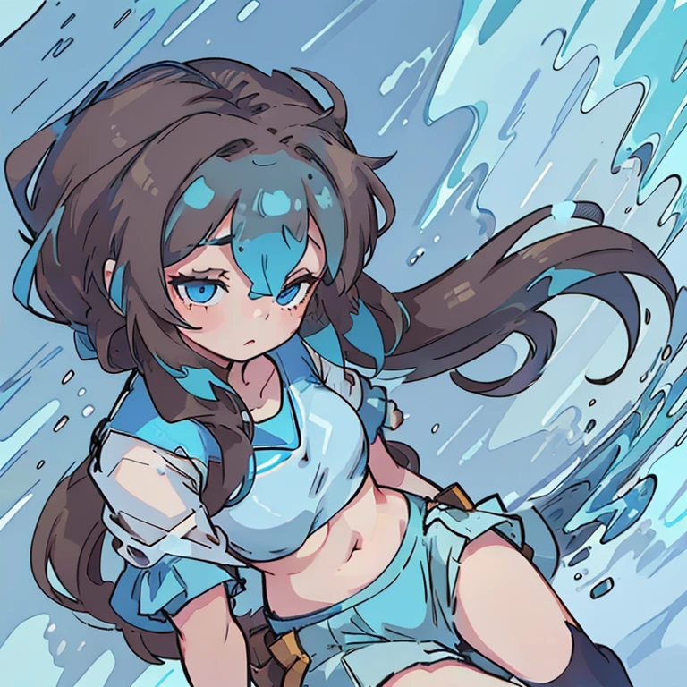 A girl, brown long hair with ponytails, Cyan eyes, pale skin , blue top, blue skirt, sleep mask on the head