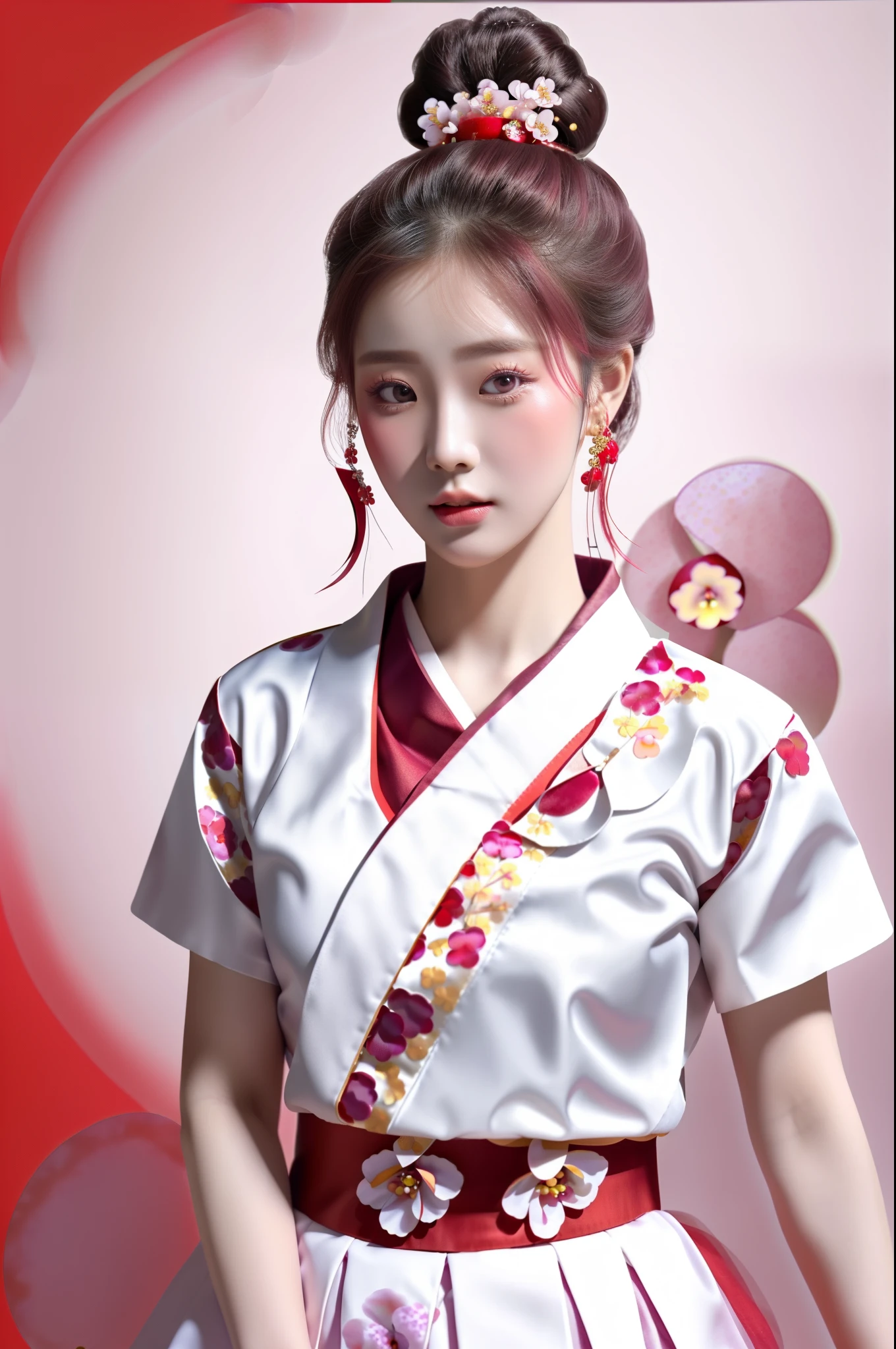 masterspiece, 4k, beautiful,hanbok, White and bright scarlet floral pattern, White skirt, Woman in hanbok, (Full red plum background: 1.5), a girl, 24 year old, Pretty face, Hair tied up in a back, gloss, detailed background, facing the viewer, posing for a picture,