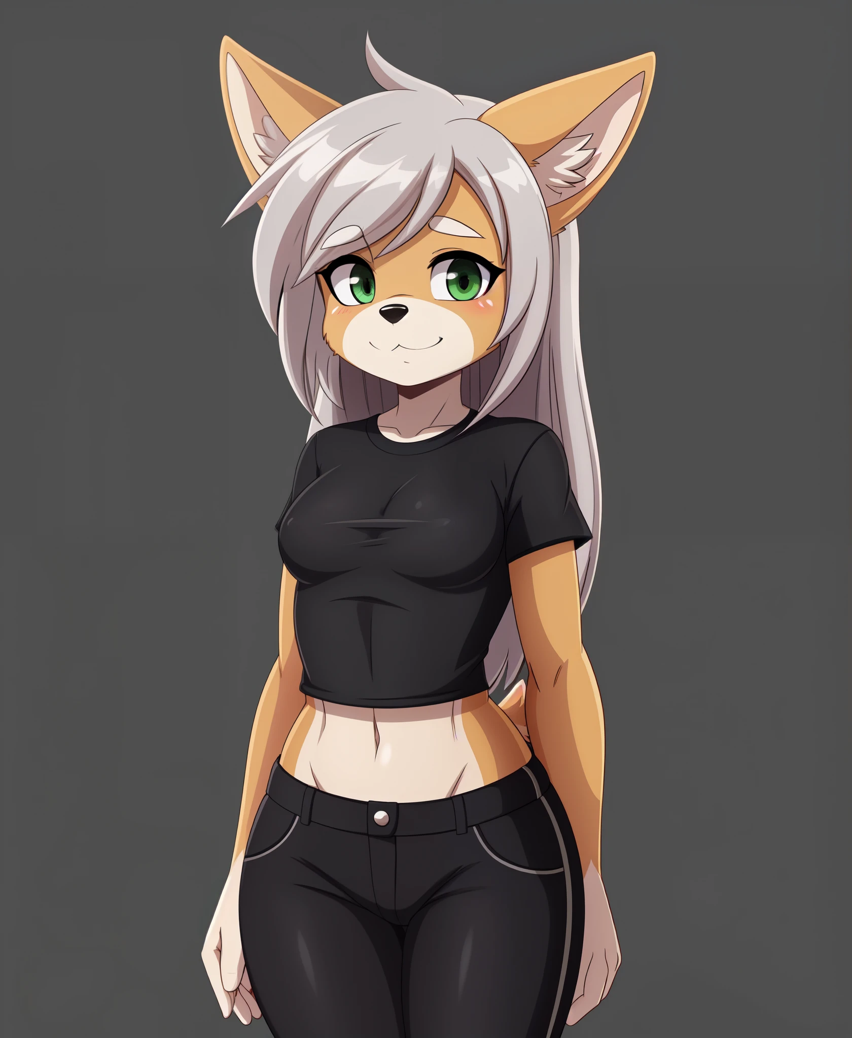 masterpiece, young adult, solo, (woman:1.2), (anthro, dog, welsh corgi:1.2), (brown body), (long hair, silver hair), (green eyes), (black colored top with lining:0.7, royal crop top:1.35), (black pants:1.1), (shy, adorable face, cute), furry, 6'1 ft tall, (by sssonic2), (really thin simple eyebrows:1.3), (no background, transparent background),