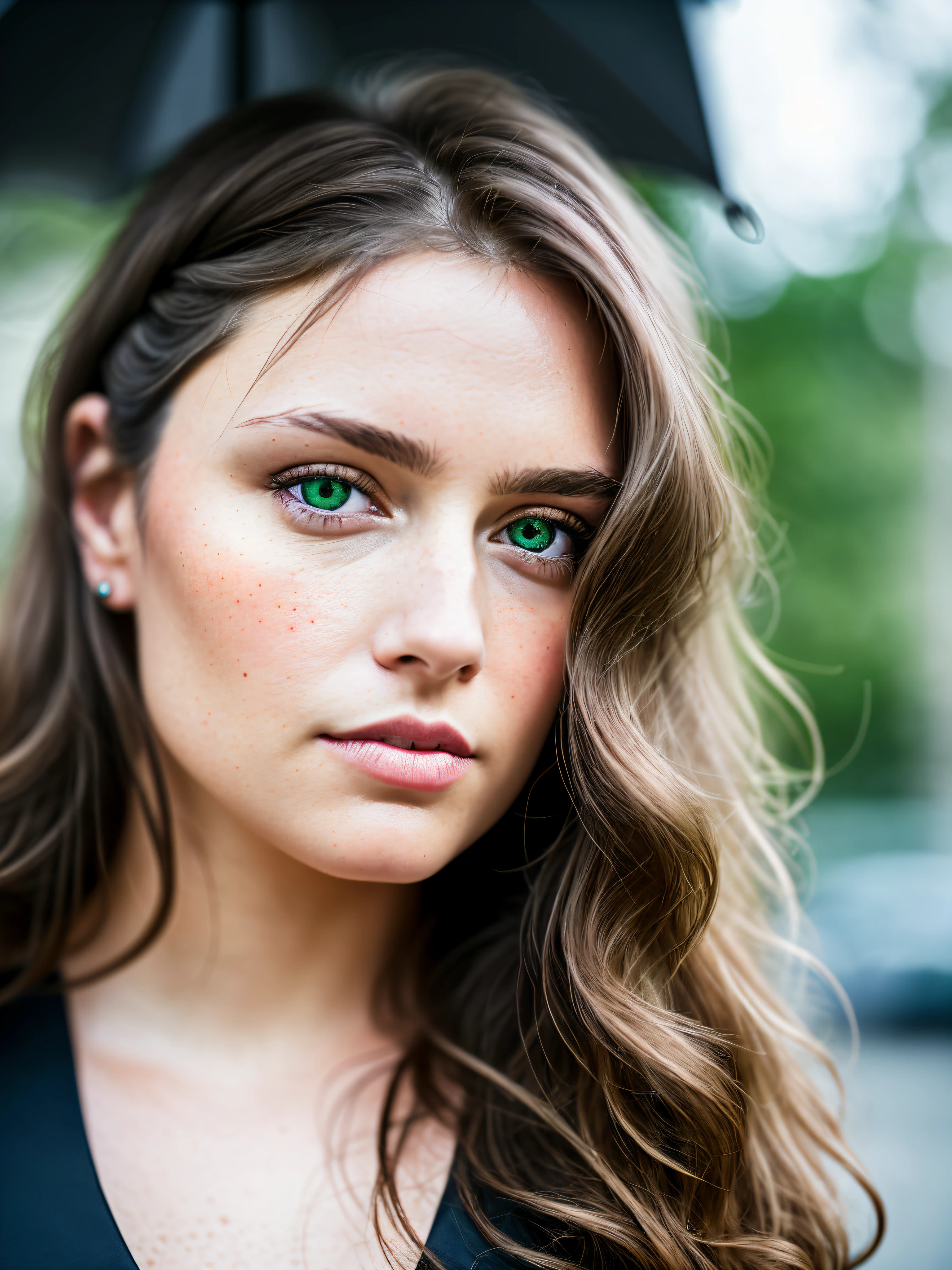 full face portrait photo of a 25 years old european girl, RAW, beautiful woman, half-open strawberry lips, dimples, longing gaze, green eyes, large pupils, large eyelashes, (extra long wavy brown hair), ((detailed face)), ((detailed facial features)), (finely detailed skin), pale skin, (detailed deep cleavage high tech cyberpunk dress), cyberpunk megacity environment, (cold colors), damp, moist, reflections, (masterpiece) (perfect proportion)(realistic photo)(best quality) (detailed) photographed on a Canon EOS R5, 50mm lens, F/2.8, HDR, (8k) (wallpaper) (cinematic lighting) (dramatic lighting) (sharp focus) (intricate)