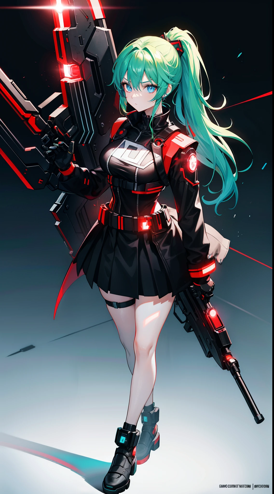Full body internet girl with ponytail. Bright red indicates that she an online girl. Anime characters with green hair and black costumes holding guns, But there are skirts. She also has blue eyes. The environment similar to a terminator. Hair black. Her face illuminated by the bright red color on one side of the face. Like LEDs. And both hands also have LED lights.