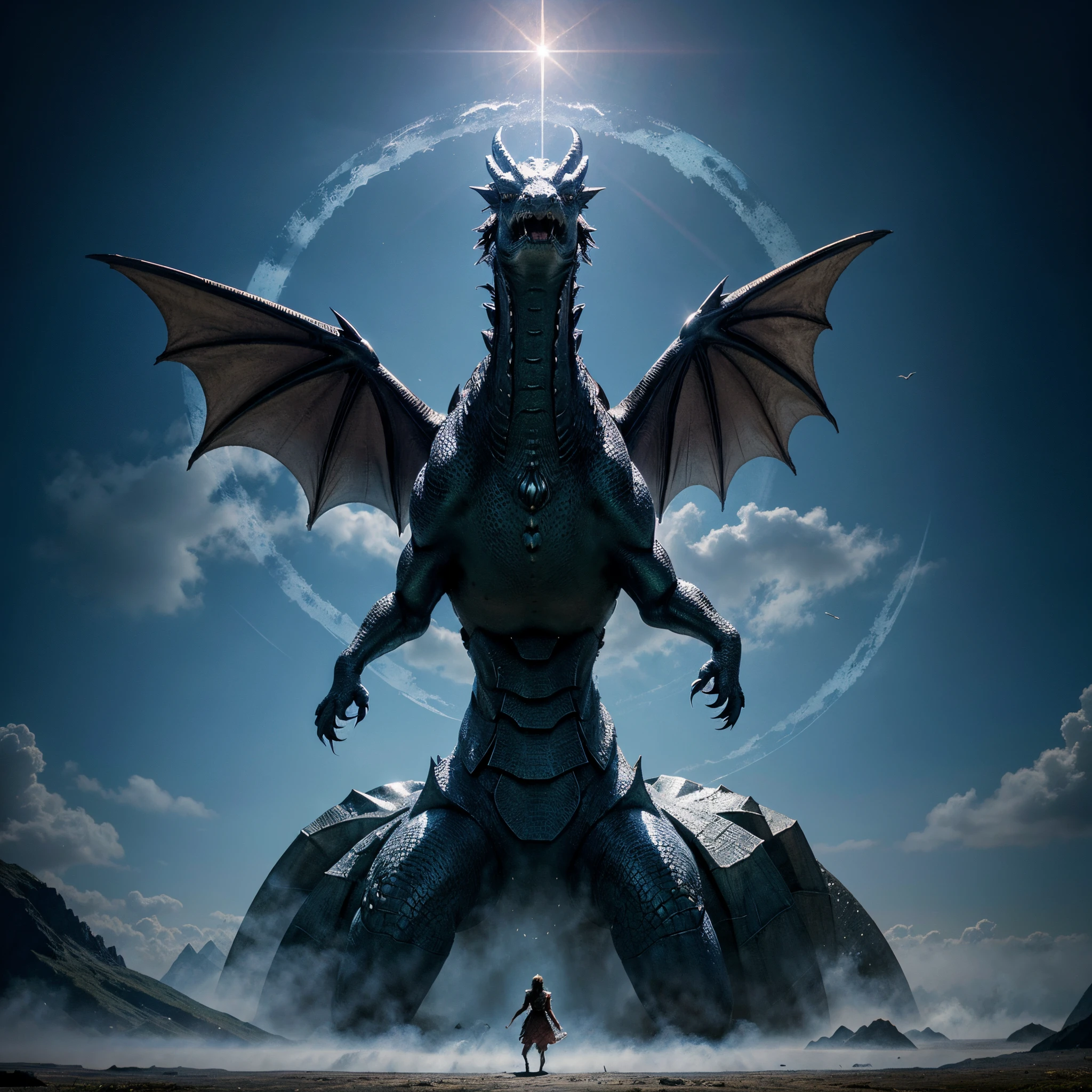 Illustration for a fairy tale about a magic dragon,which emits an invisible biofield in the sky,this biofield reflects the emotions and internal state of other animals,that surround this dragon