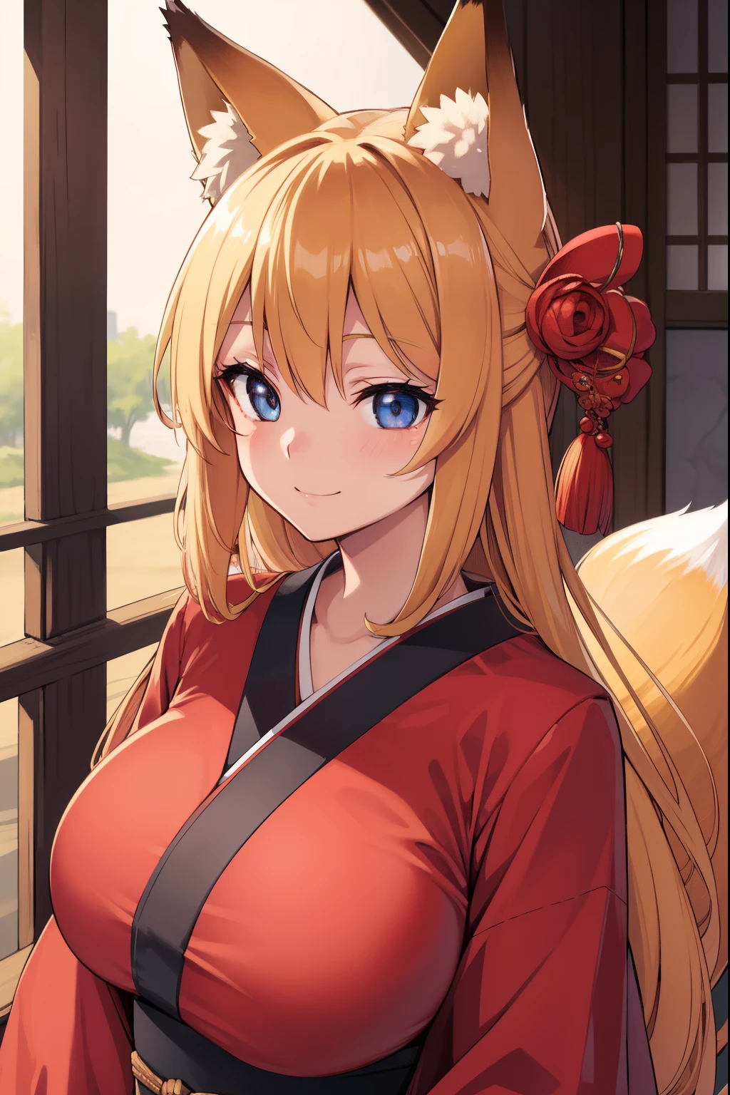 animal ear fluff, Animal ears, Fox ears, Fox Girl, Fox tail, Golden hair, tail, Kimono, Huge breasts pushing up the kimono,A smile, Blushing cheeks,  On the porch of the Japanese-style room,
looking at the viewers, 
BREAK (masutepiece:1.2), Best Quality, High resolution, Unity 8k壁纸, (Illustration:0.8), (Beautiful detailed eyes:1.6), extra detailed face, Perfect Lighting, extremely details CG, (Perfect hands, Perfect Anatomy),Upper body portrait