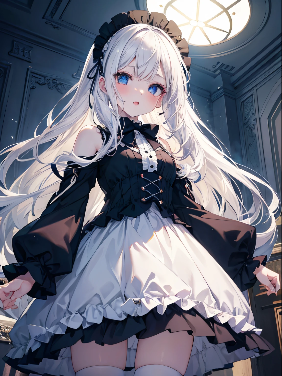 masutepiece, Highest Quality, (Perfect face:1.1), (high detailing:1.1), (ultradetailed eyes), Dramatic, superfine illustration, Extremely detailed, 1girl in, (pale skin), long white hair, Ethereal eyes, Blue eyes,tareme, (light eyebrow),blush,Solo,Smile, Happy, Laugh, Enjoy, Open mouth, Pouty lips,Cinematic lighting, Looking at Viewer,Cowboy Shot,Winters,Snow,Long sleeve, Gothic lolita, frilld, bow ribbon,Head dress, knee high socks,room,from below