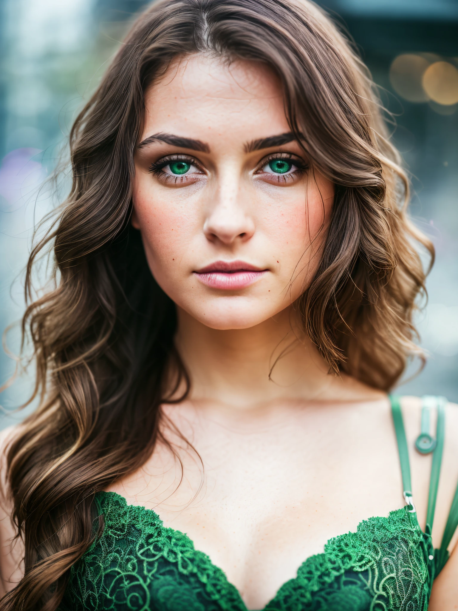 full face portrait photo of a 25 years old european girl, RAW, beautiful woman, half-open strawberry lips, dimples, longing gaze, green eyes, large pupils, large eyelashes, (extra long wavy brown hair), ((detailed face)), ((detailed facial features)), (finely detailed skin), pale skin, (detailed deep cleavage high tech cyberpunk dress), cyberpunk megacity environment, (cold colors), damp, moist, reflections, (masterpiece) (perfect proportion)(realistic photo)(best quality) (detailed) photographed on a Canon EOS R5, 50mm lens, F/2.8, HDR, (8k) (wallpaper) (cinematic lighting) (dramatic lighting) (sharp focus) (intricate)