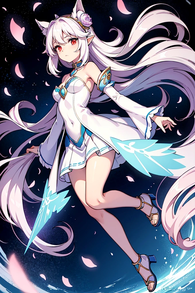 artwork of a, girl,Sky Fox God,The soft,affinity,Fantastic and magical,wonderland,White fairy costume, Hair accessories for a beautiful and detailed face,red eyes,eyes with bright eariddle distance view,Full body lesbian,8K,16k,dynamic viewing angle,Fly petals,the soft light