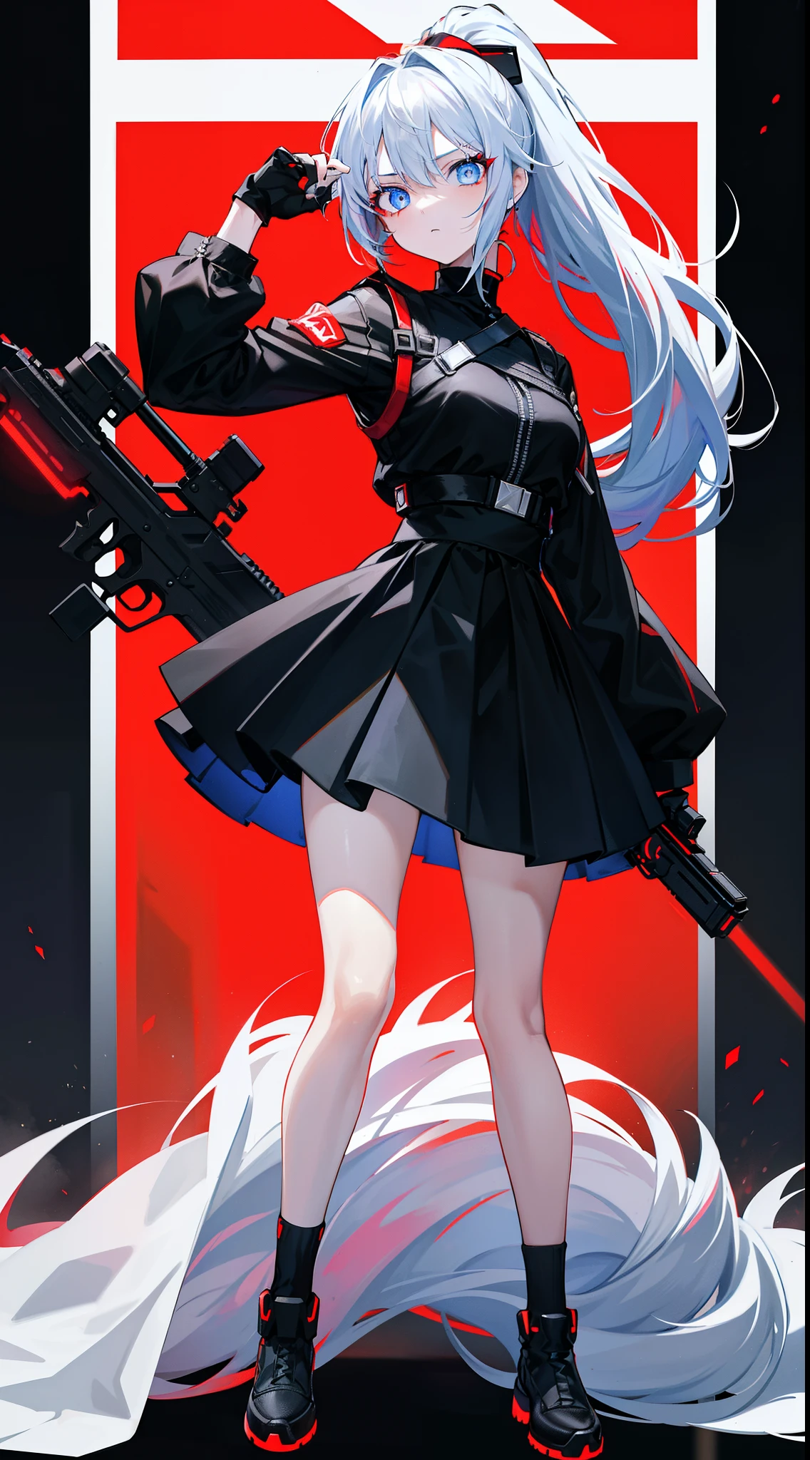 Full body internet girl with ponytail. Bright red indicates that she  an online girl. Anime characters with silver hair and black costumes holding guns, But there are skirts. She also has blue eyes. The environment  similar to a terminator. Hair  black. Her face  illuminated by the bright red color on one side of the face. Like LEDs.  And both hands also have LED lights.