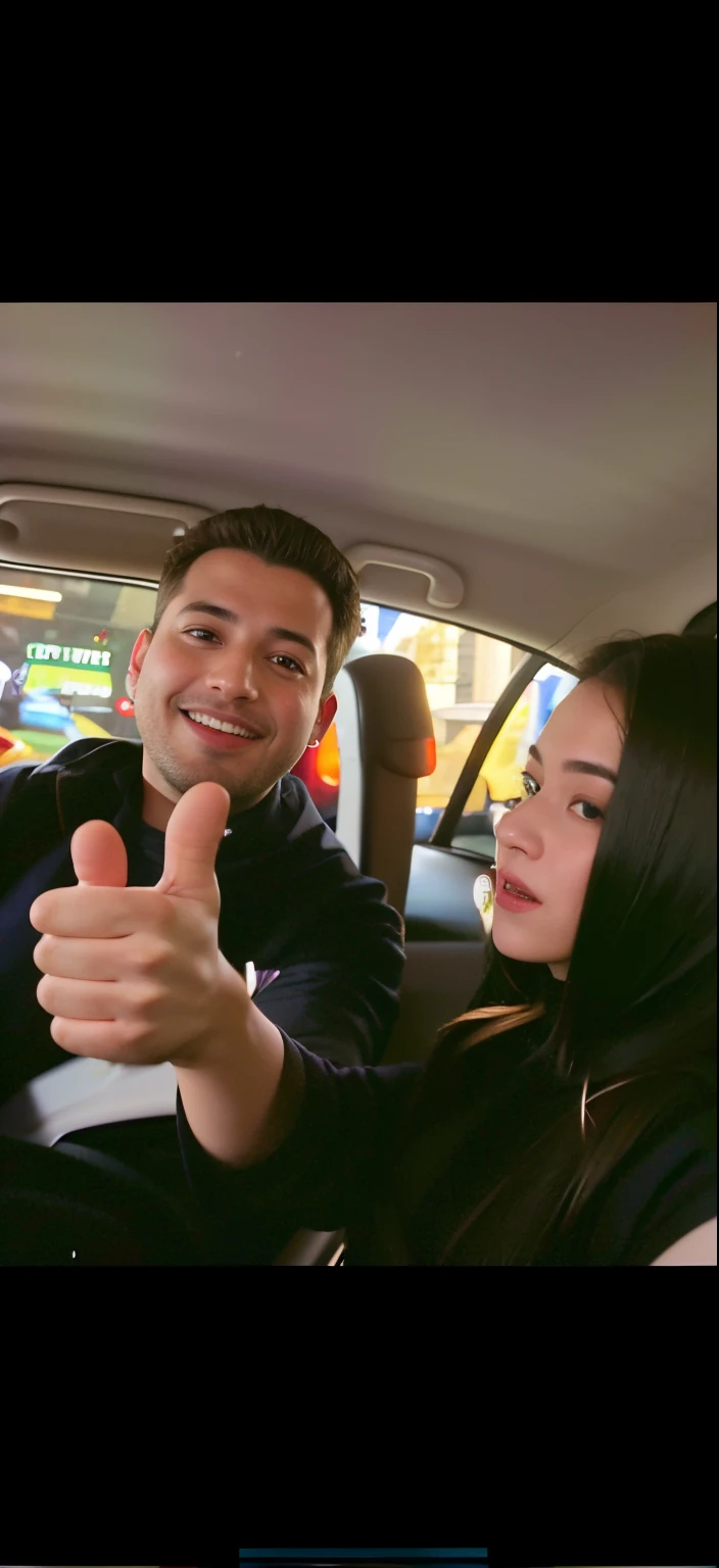 there a man and woman sitting in a car giving the thumbs up, carpool karaoke, snapchat photo, video screenshot, at the taco bell drive through, tiktok video, music video, low quality footage, instagram story, very very low quality picture, facebook post, nighttime!, nighttime!!, driving, low quality video, driving a car, amr elshamy