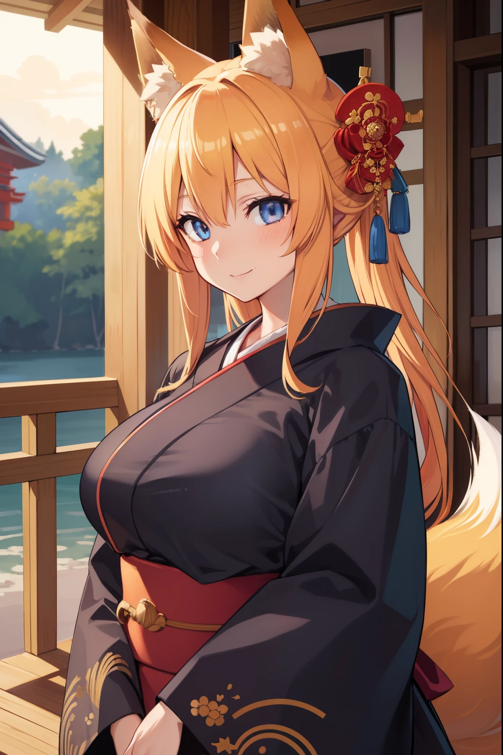 animal ear fluff, Animal ears, Fox ears, Fox Girl, Fox tail, Golden hair, tail, Kimono, Huge breasts pushing up the kimono,A smile, Blushing cheeks,  On the porch of the Japanese-style room,
looking at the viewers, 
BREAK (masutepiece:1.2), Best Quality, High resolution, Unity 8k壁纸, (Illustration:0.8), (Beautiful detailed eyes:1.6), extra detailed face, Perfect Lighting, extremely details CG, (Perfect hands, Perfect Anatomy),Upper body portrait