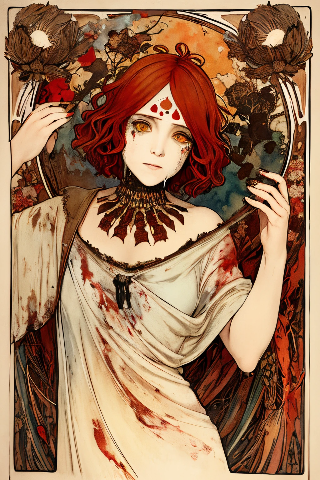 SFW,masutepiece, Best Quality, High resolution, 1girl, upper body, Details , detail hands, Detail fingers, Detail Face, detail legs, watercolor paiting, in graveyard, red hair, bobcut, wavy hair, tattered clothes, yellow eyes, zombie, skull, bone, (art nouveau:1.25), Maximalism artstyle, neon theme, suprematism, crying, beautiful detailed eyes, hyper detailed, beautifuly color, high details, high quality, back light, upper body, high quality, hair with body, cluster amaryllis, rotungwoka person, bow, in village, dead flower, bloody, indian, native american, feather, wing, plume