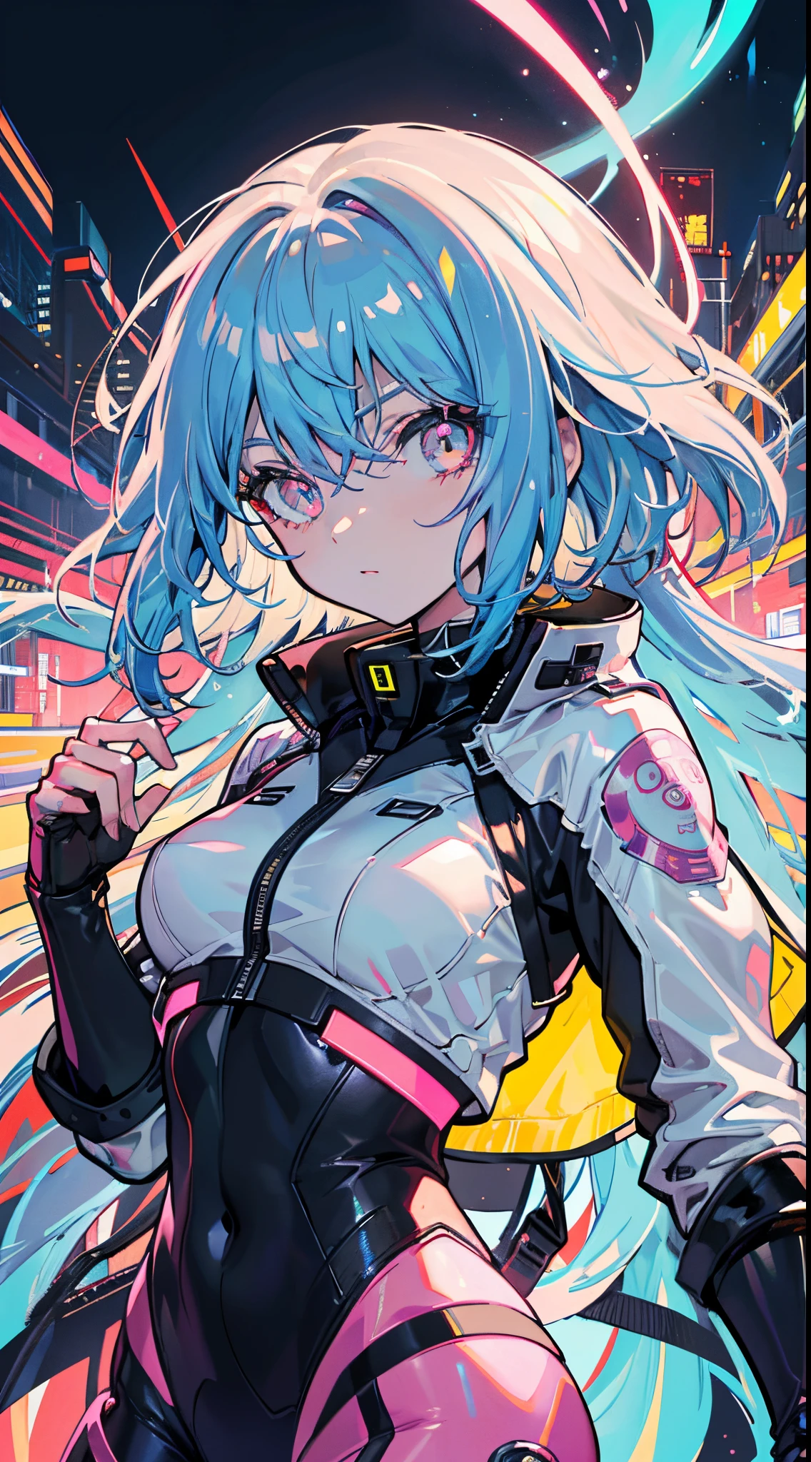 glowing eyes, colourful glowing hair, wearing sci-fi jacket, anime style, high detail, Futurism, glowing light, UHD, retina, masterpiece, ccurate, anatomically correct, textured skin, super detail, high details, high quality, award winning, best quality, highres