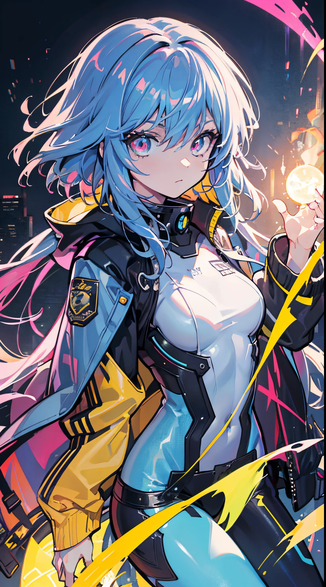 glowing eyes, colourful glowing hair, wearing sci-fi jacket, anime style, high detail, Futurism, glowing light, UHD, retina, masterpiece, ccurate, anatomically correct, textured skin, super detail, high details, high quality, award winning, best quality, highres