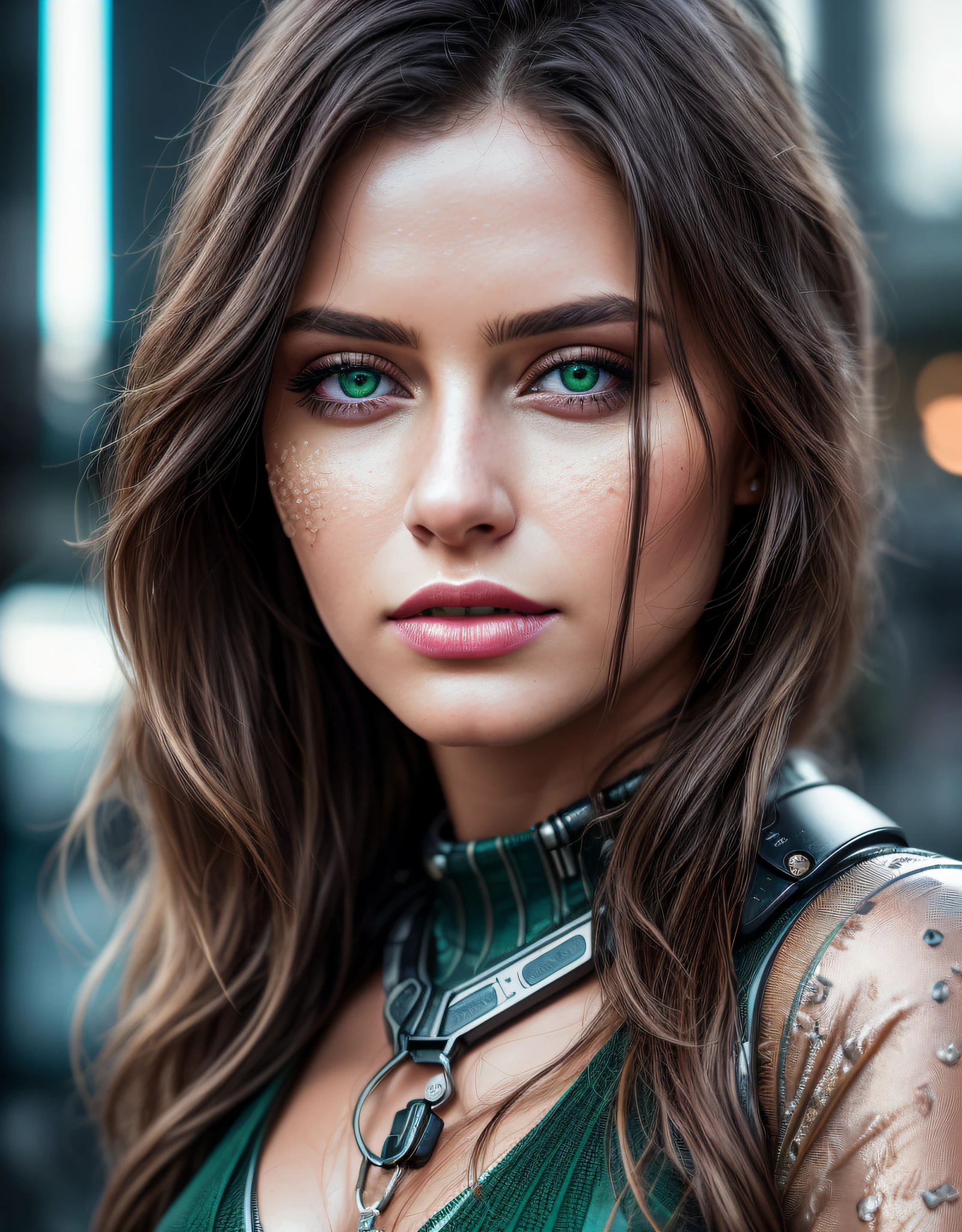 full face portrait photo of a 25 years old european girl, RAW, beautiful woman, half-open strawberry lips, dimples, longing gaze, green eyes, large pupils, large eyelashetra long wavy brown hair), ((detailed face)), ((detailed facial featureinely detailed skin), pale skin, (detailed deep cleavage high tech cyberpunk dress), cyberpunk megacity environment, (cold colors), damp, moist, reflectionasterpiece) (perfect proportion)(realistic photo)(best quality) (detailed) photographed on a Canon EOS R5, 50mm lens, F/2.8, HDR, (8k) (wallpaper) (cinematic lighting) (dramatic lighting) (sharp focus) (intricate)