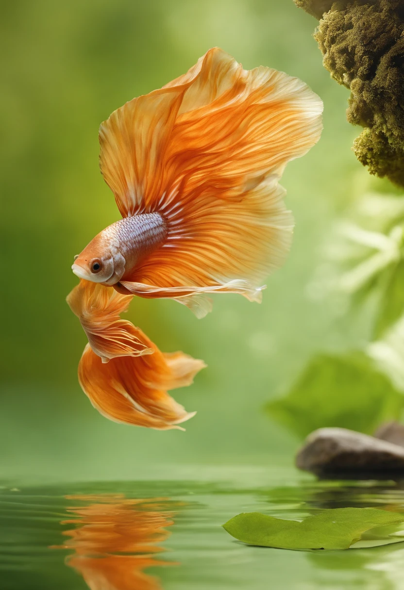 Marble Design colors betta fish, dry catappa leaf, an advertising photo about freshwater aquariums, for Betta Fish, natural water conditioner, health supplement products for aquarium fish, the brand's transparent and orange "BE Tea" branding, short black package label, two-tone graphic design, healthy modern style for Supplements, catappa leaves on the ground in the foreground and a tea color liquid in a glass container, natural woodland background, front view, very high level of image clarity, bright ambient lighting, cool tone,