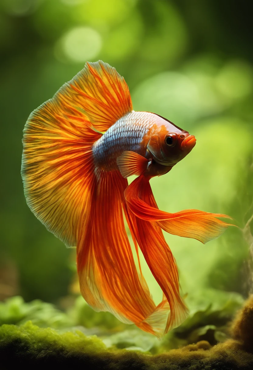 Marble Design colors betta fish, dry catappa leaf, an advertising photo about freshwater aquariums, for Betta Fish, natural water conditioner, health supplement products for aquarium fish, the brand's transparent and orange "BE Tea" branding, short black package label, two-tone graphic design, healthy modern style for Supplements, catappa leaves on the ground in the foreground and a tea color liquid in a glass container, natural woodland background, front view, very high level of image clarity, bright ambient lighting, cool tone,