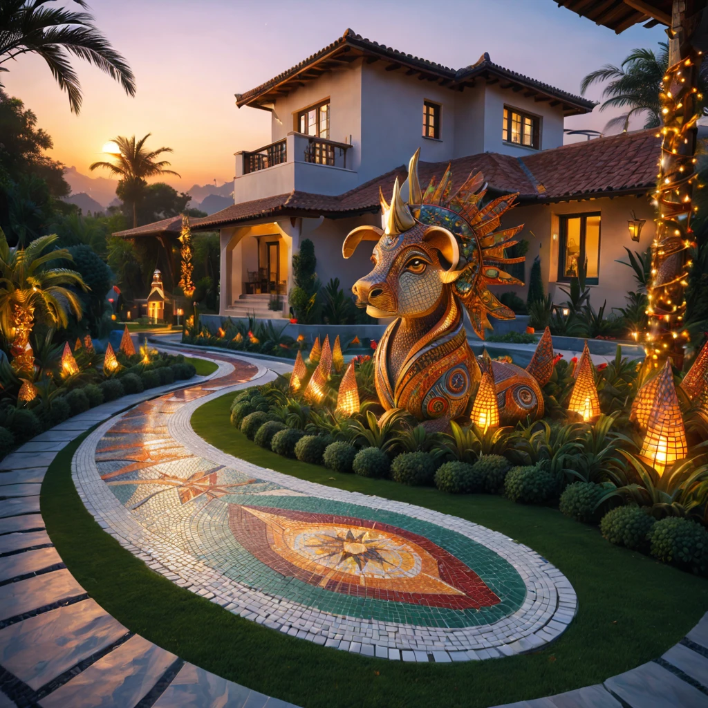 Christmas style，Villas, external garden, Mosaic tribal sculpture, flagstone road, the sunset, hyper realisitc, mirai, hyper realisitc, artistic décor, concept-art, Three-dimensional future, lightand shade contrast, Ray traching, mosaic art, wide wide shot, Best quality at best, A high resolution, Award-Awarded, tmasterpiece, 4K