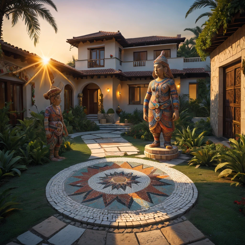 Christmas style，Villas, external garden, Mosaic tribal sculpture, flagstone road, the sunset, hyper realisitc, mirai, hyper realisitc, artistic décor, concept-art, Three-dimensional future, lightand shade contrast, Ray traching, mosaic art, wide wide shot, Best quality at best, A high resolution, Award-Awarded, tmasterpiece, 4K