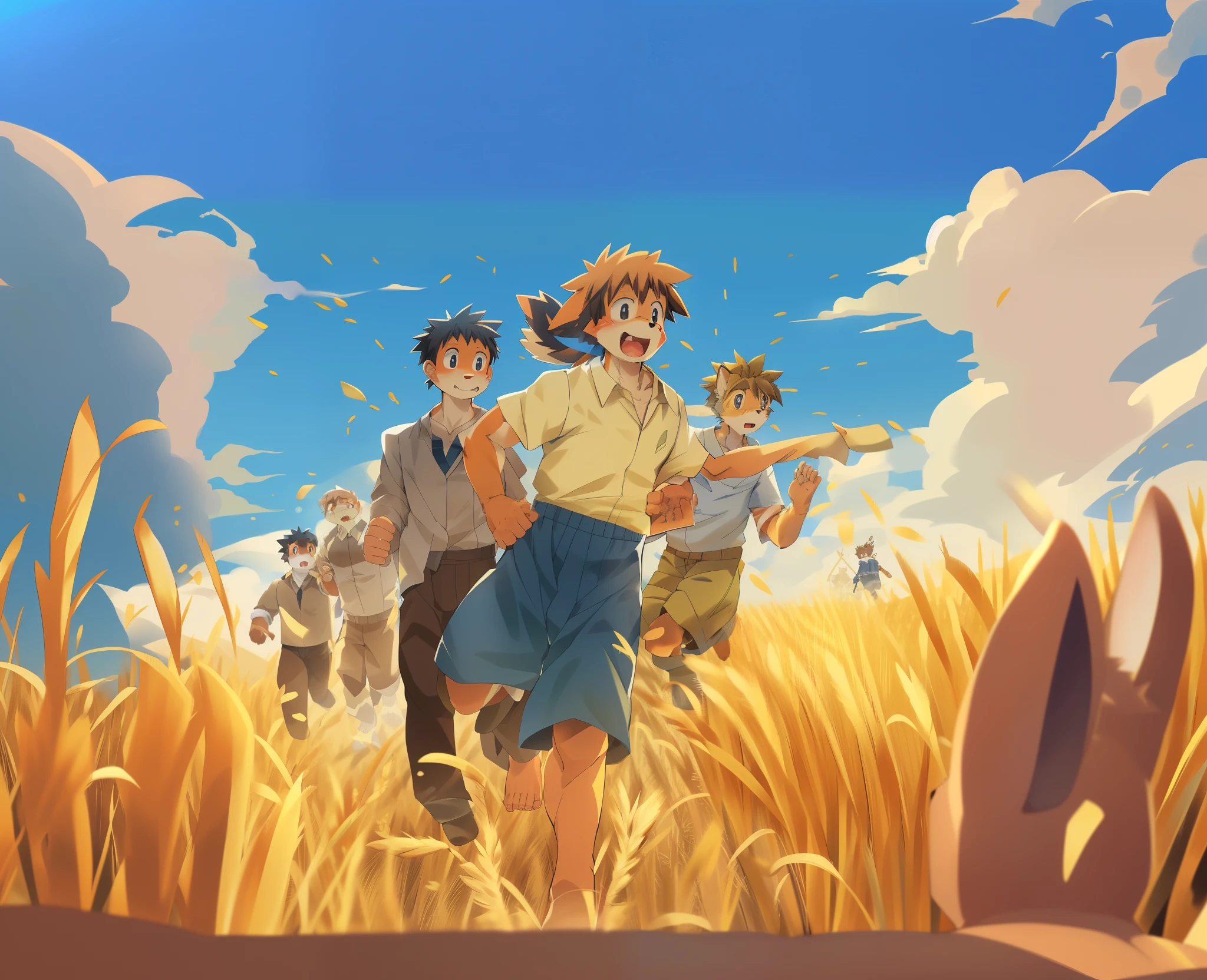 There are many people running through the wheat fields, in a wheat field, on the vast wheat field, offcial art, Xinhai sincerely!, author:Hiroshi Yamagata, Guvitz and Makoto Shinkai, author:Kikukawa Sakaeyama, ( ( Xinhai sincerely ) ), Xinhai sincerely!!, author:Tajima Hiroyuki