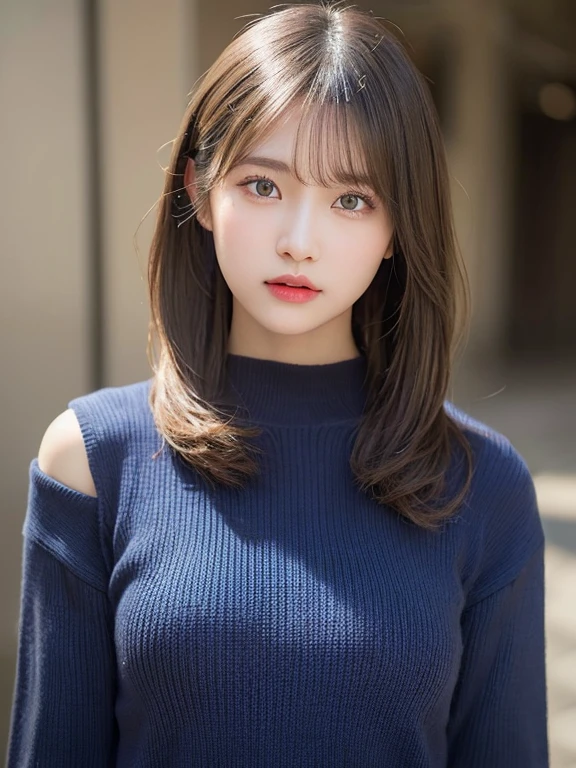 (masterpiece:1.3), (8K, Photorealsitic, Raw photography, Top image quality: 1.4), 20 year old girl、(Random hairstyles:1.2)、Super Detail Face、Eye of Detail、二重まぶた、foco nítido:1.2、prety woman:1.4、light brown hair、poneyTail、Natural Color Lip、top-quality、masterpiece、超A high resolution、(Photorealsitic:1.4)、very detailed and professional lighting、wear a dark blue sweater、slender、serious facial expression、Transparent skin、randome pose、Glowing hair、Gravure Model Pose、