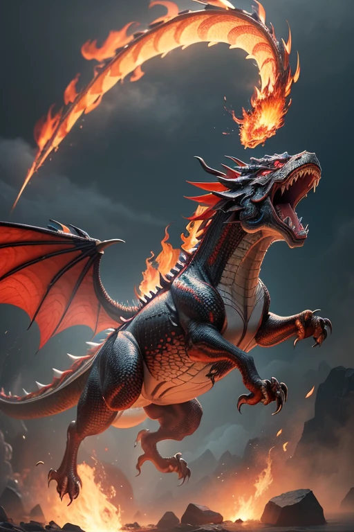 (8k, RAW photo, best quality, master:1.2), (realistic, photo-realistic:1.37), ultra detailed, chinese Dragon in flight unleashing its fire breath