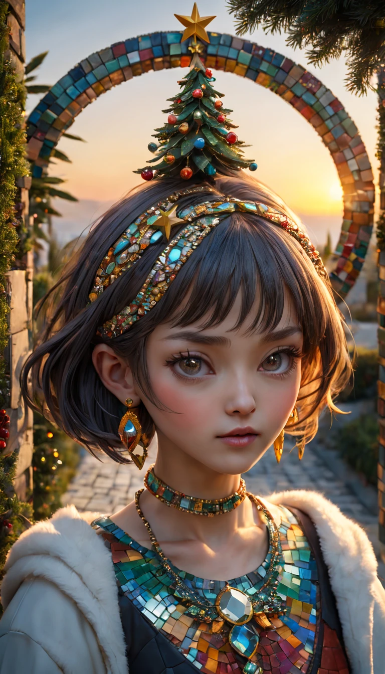 Christmas style,mosaic sculpture, external garden, flagstone road, mirai, the sunset, Asymmetrical hair, forehead jewel, hair adornments, bead necklace, hoop earings, smug, hyper realisitc, mirai, hyper realisitc, artistic décor, concept-art, Three-dimensional future, lightand shade contrast, Ray traching, mosaic art, wide wide shot, Best quality at best, A high resolution, Award-Awarded, tmasterpiece, 4K