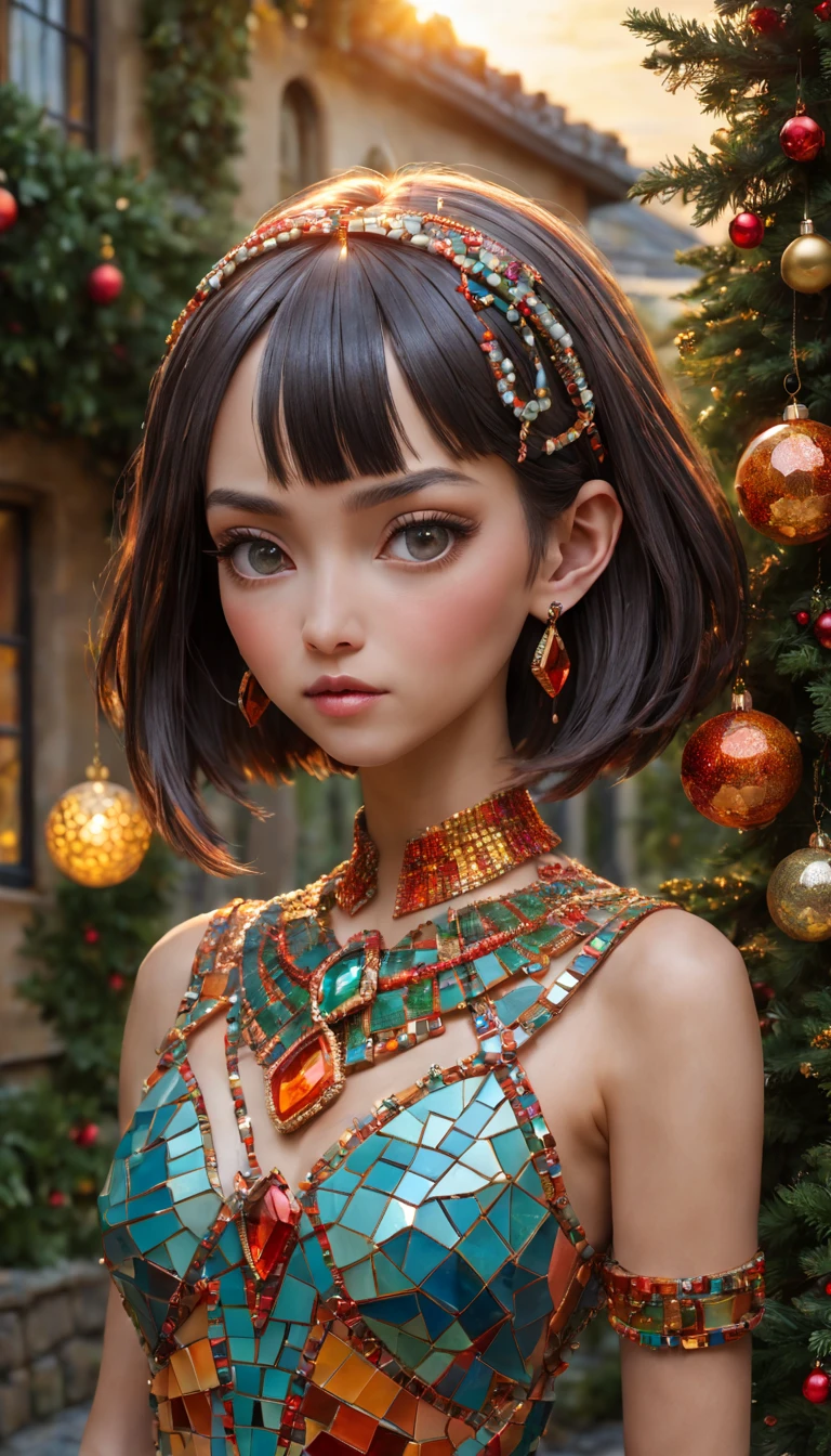 Christmas style,mosaic sculpture, external garden, flagstone road, mirai, the sunset, Asymmetrical hair, forehead jewel, hair adornments, bead necklace, hoop earings, smug, hyper realisitc, mirai, hyper realisitc, artistic décor, concept-art, Three-dimensional future, lightand shade contrast, Ray traching, mosaic art, wide wide shot, Best quality at best, A high resolution, Award-Awarded, tmasterpiece, 4K