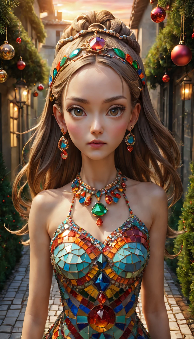 Christmas style,mosaic sculpture, external garden, flagstone road, mirai, the sunset, Asymmetrical hair, forehead jewel, hair adornments, bead necklace, hoop earings, smug, hyper realisitc, mirai, hyper realisitc, artistic décor, concept-art, Three-dimensional future, lightand shade contrast, Ray traching, mosaic art, wide wide shot, Best quality at best, A high resolution, Award-Awarded, tmasterpiece, 4K