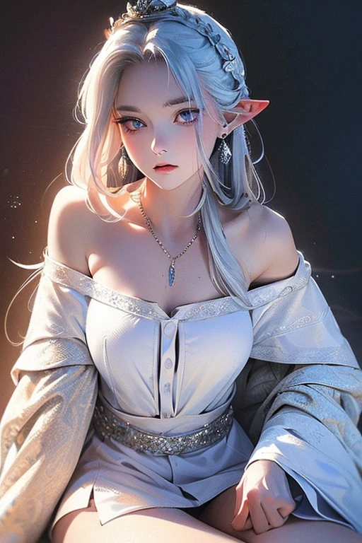 Best quality, highly detailed, masterpiece, ultra detailed, (reality: 1.2), 1 girl, (white background), simple background, delicate eyes, silver hair, purple eyes, hair_ornament, (white off-the-shoulder shirt: 1.3), long hair, pointy_ears, crown_braid, expressionless, straight hair, (++ sitting: 1.2), room,