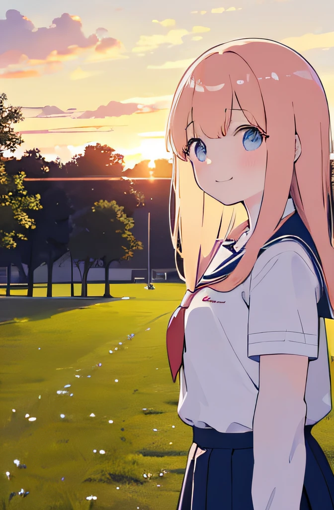(masutepiece, Best Quality), 超A high resolution,2girls, School uniform, Sunset, Looking at each other, Embarrassed smile,