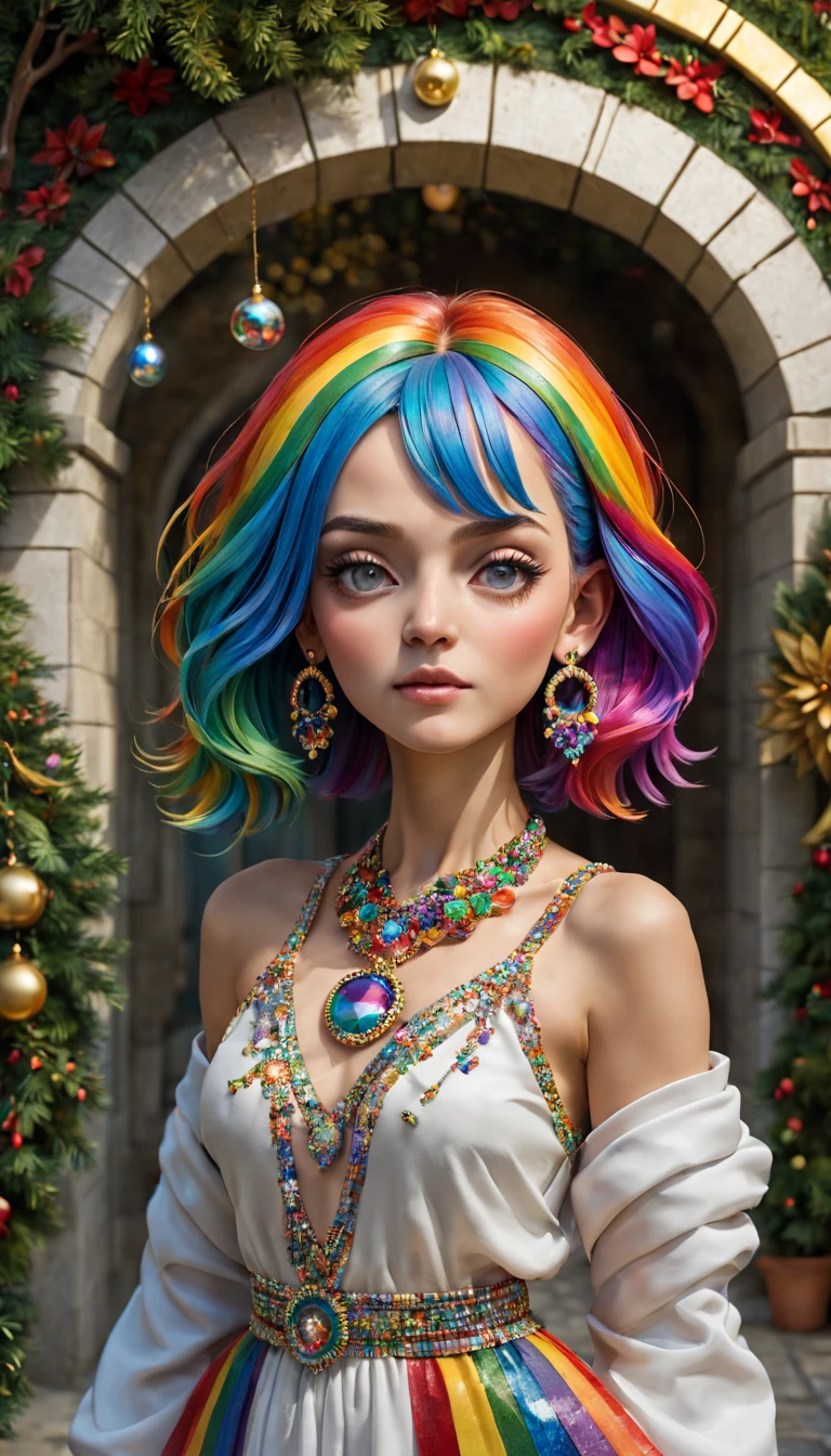 Christmas style,mosaic sculpture, external garden, flagstone road, Ahfu future, the sunset, rainbow hair, Asymmetrical hair, forehead jewel, hair adornments, bead necklace, hoop earings, smug, hyper realisitc, mirai, hyper realisitc, artistic décor, concept-art, Three-dimensional future, lightand shade contrast, Ray traching, mosaic art, wide wide shot, Best quality at best, A high resolution, Award-Awarded, tmasterpiece, 4K