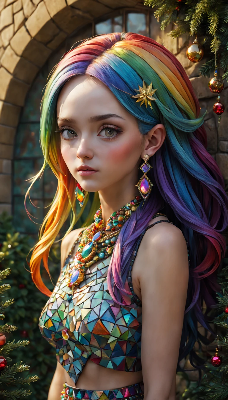 Christmas style，mosaic sculpture, external garden, flagstone road, Ahfu future, the sunset, rainbow hair, Asymmetrical hair, forehead jewel, hair adornments, bead necklace, hoop earings, smug, hyper realisitc, mirai, hyper realisitc, artistic décor, concept-art, Three-dimensional future, lightand shade contrast, Ray traching, mosaic art, wide wide shot, Best quality at best, A high resolution, Award-Awarded, tmasterpiece, 4K