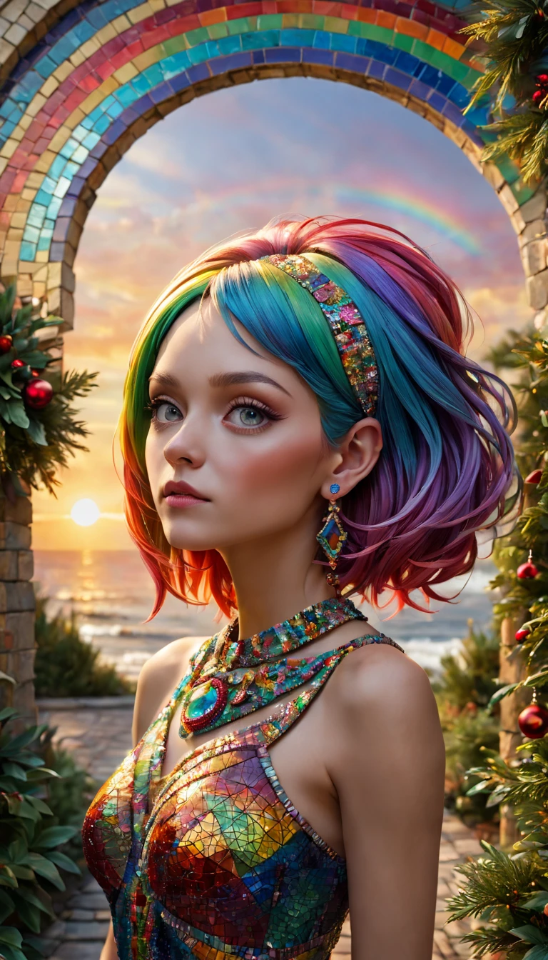 Christmas style,mosaic sculpture, external garden, flagstone road, Ahfu future, the sunset, rainbow hair, Asymmetrical hair, forehead jewel, hair adornments, bead necklace, hoop earings, smug, hyper realisitc, mirai, hyper realisitc, artistic décor, concept-art, Three-dimensional future, lightand shade contrast, Ray traching, mosaic art, wide wide shot, Best quality at best, A high resolution, Award-Awarded, tmasterpiece, 4K