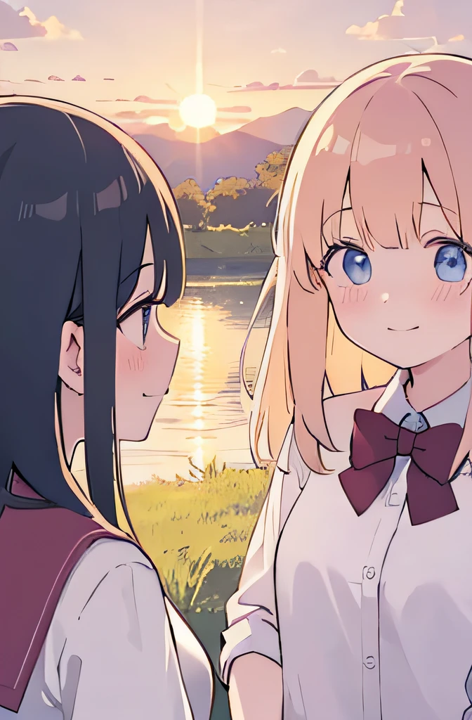 (masutepiece, Best Quality), 超A high resolution,2girls, School uniform, Sunset, Looking at each other, Embarrassed smile,