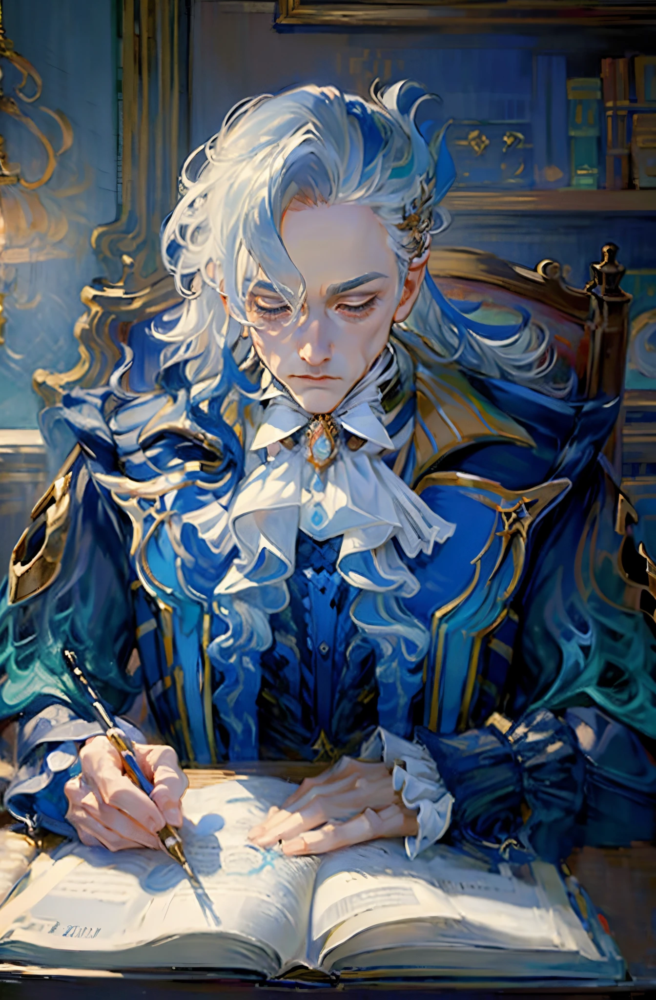 1 mature man colo, long white hair with blue streaks, blue clothes, calm, sitting at the table, papers and books, victorian interior, royal