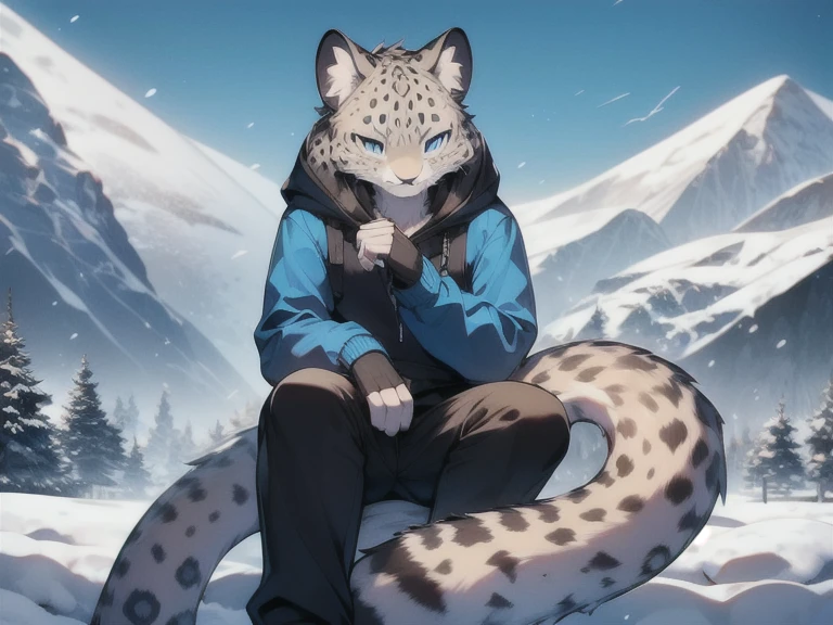 Snow leopard, anthro, wear blue hoodie, black pants, Blue eyes, on the mountain, Winter, sitting in the snow, sunny day, best quality, Masterpiece