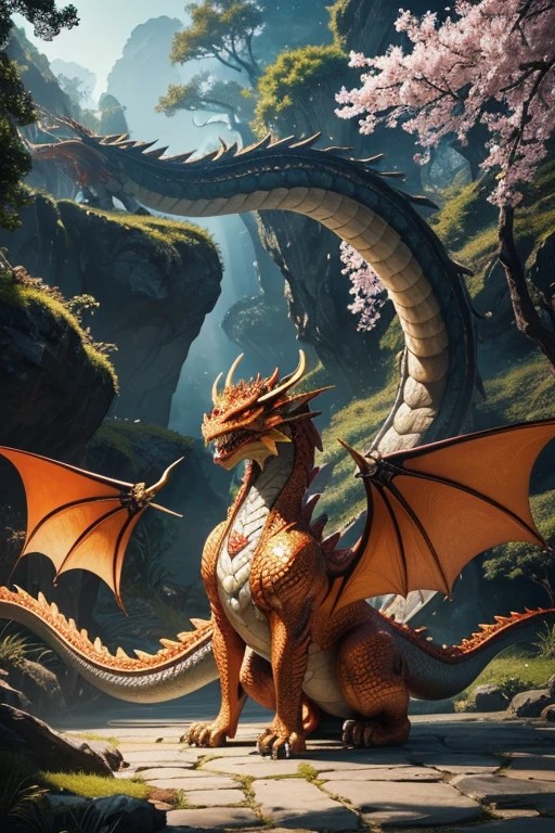 In the heart of this (8k, RAW photo, best quality, master:1.2), (realistic, photo-realistic:1.37), ultra-detailed masterpiece, a magnificent Chinese Dragon soars through the sky, its powerful wings spreading wide as it dominates the air. The dragon's scales reflect the sunlight, shimmering in golden hues, while its mesmerizing eyes glow with an ethereal intensity. Every intricate detail of the dragon's body, from the curved horns on its head to the delicate webbing between its taloneticulously rendered in this artwork.

As the dragon unleashes its fire breath, vibrant flames burst forth, colored in hues of crimson, orange, and yellow. The fire dances with life, casting a warm glow onto the surrounding landscape. The dragon's majestic presence causes trees to sway and rustle, enhancing the sense of movement and power in this scene.

The surrounding landscape portrays a serene, ancient Chinese garden, with ornate pagodas and delicate cherry blossom trees. The garden  filled with colorful flowers, their petals softly floating through the air, adding a touch of whimsy to the overall composition. The sunlight filters through the foliage, casting dappled shadows on the ground, evoking a sense of tranquility and natural beauty.

To emphasize the realism of this artwork, a mixture of traditional painting techniques and modern digital rendering  employed. The colors are vibrant and vivid, capturing the vividness of nature, while the sharp focus and ultra-fine details bring out the intricate beauty of the dragon and its surroundings. Furthermore, studio lighting techniques are used to enhance the depth and dimensionality of the image, creating a captivating visual experience.

Overall, this artwork showcases the awe-inspiring presence of a Chinese Dragon in flight, evoking a sense of power, grace, and mythical wonder. The combination of realism, artistic technique, and attention to detail brings this majestic creature to life,  it a true masterpiece in the realm of visual art.